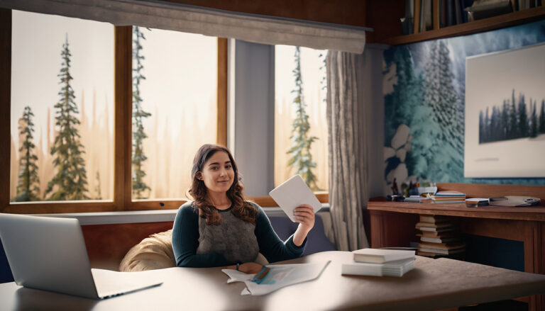 A photorealistic image of a middle-aged native Alaskan woman, and sitting in front of a computer in a well-lit living room with a window that looks out onto a boreal forest.